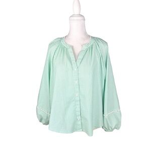 J. Crew light green stripe peasant top blouse full sleeves embroidery XXL plus